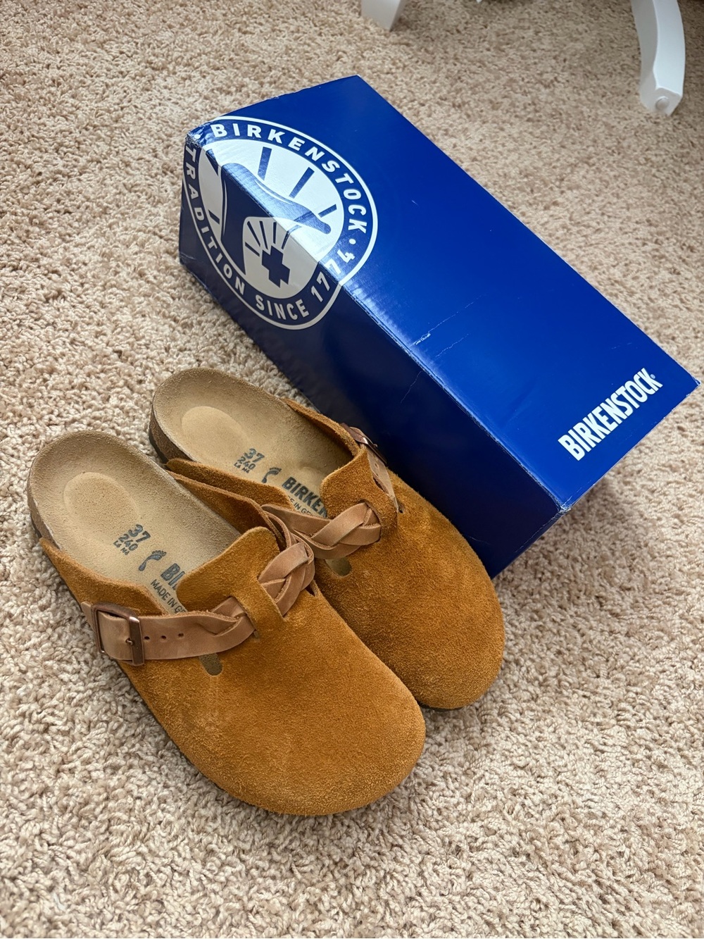 Birkenstock Boston Braided Suede Mule in Brown with Tan Strap